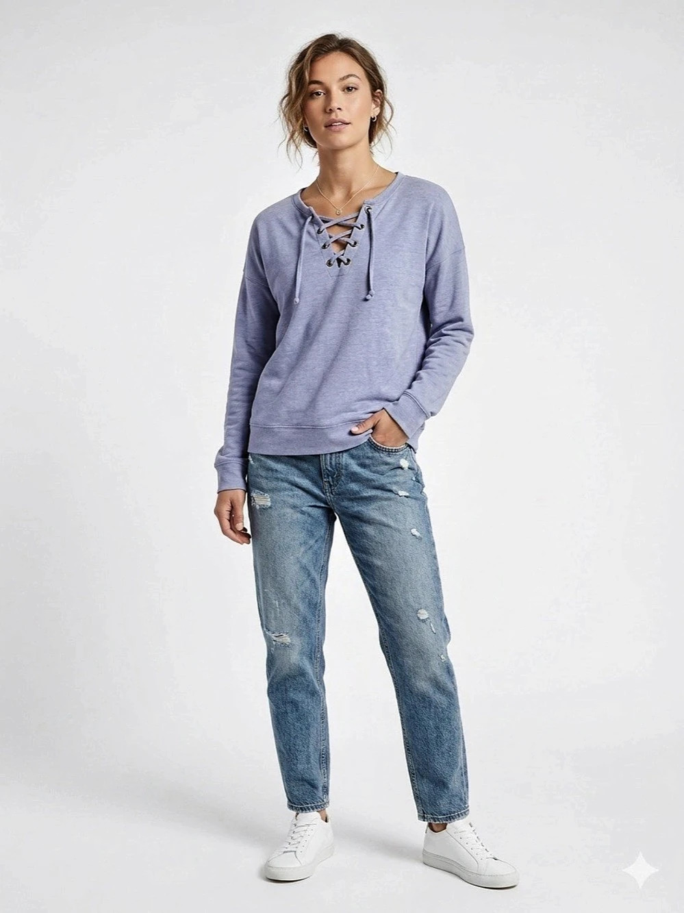 Destined Lace-Up Pullover in Periwinkle Blue